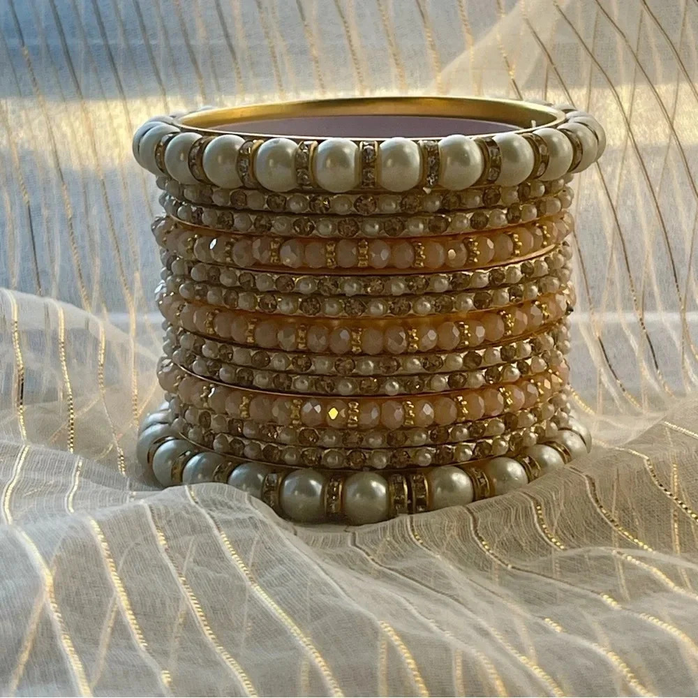 New! Bangle Set of 9 Peach & Gold with Pearls & Rhinestones Costume Jewelry